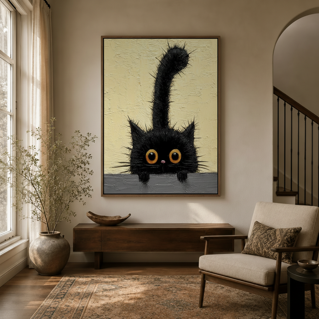 Whimsical black cat impasto canvas wall art hanging in a warm earthy entryway with natural light