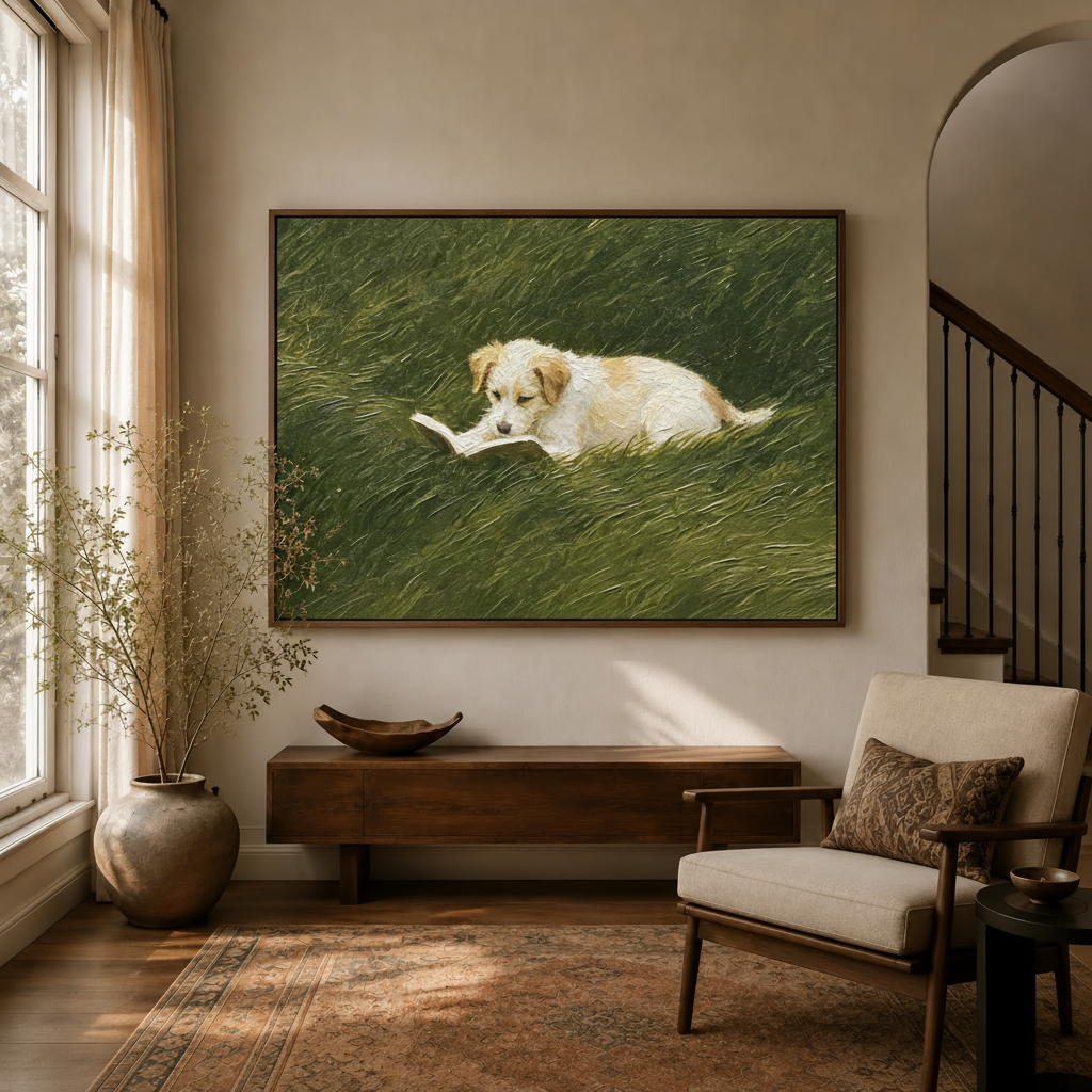 Realist oil painting canvas of golden puppy reading book above sideboard in warm living room