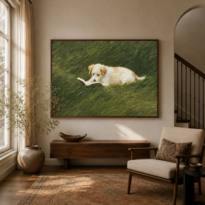 Realist oil painting canvas of golden puppy reading book above sideboard in warm living room
