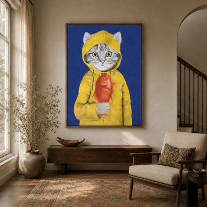 Funny cat in yellow raincoat pop art canvas displayed in warm modern foyer above walnut console