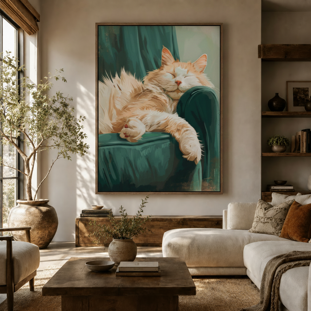 Sleeping orange tabby cat canvas print in walnut float frame above wooden console in warm modern living room