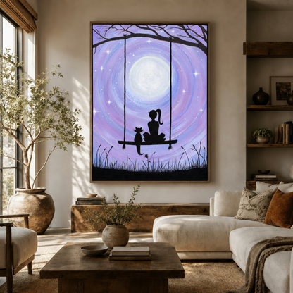 Girl and cat moonlit swing dreamy silhouette canvas wall art in warm modern living room
