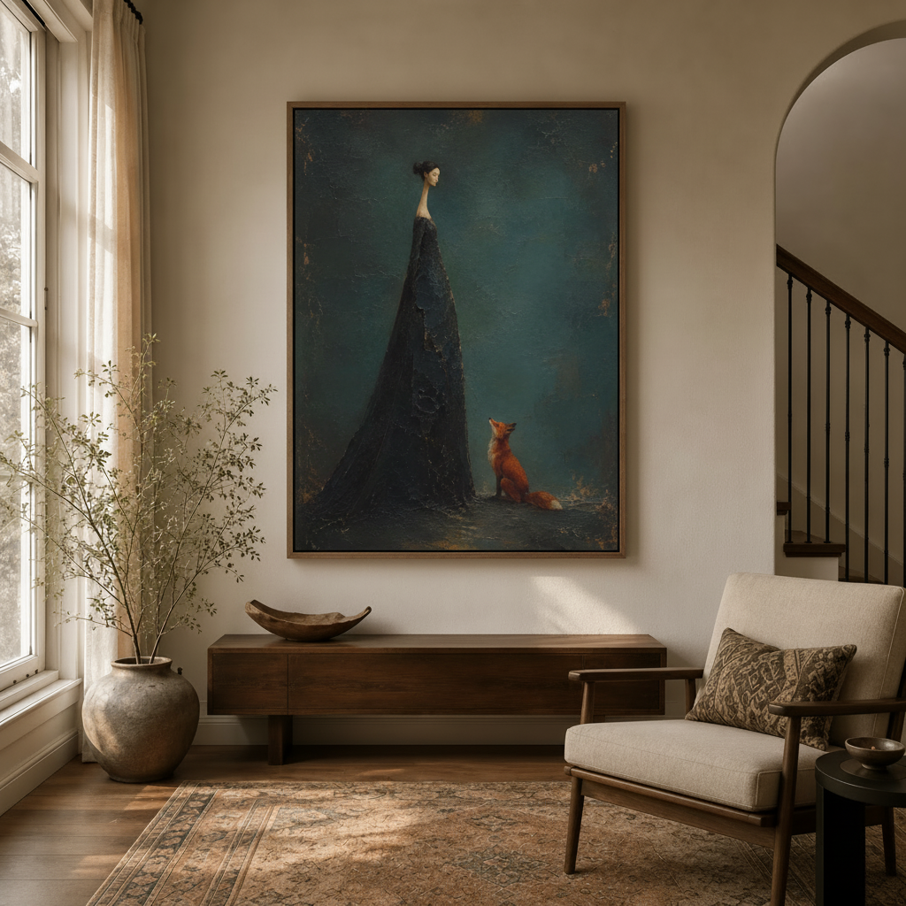 Dark impasto woman and fox wall art displayed above console table in neutral entryway