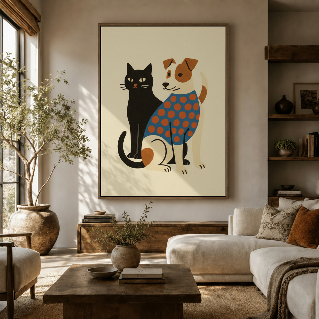 Whimsical cat and dog canvas print displayed in warm living room with white sofa and natural light