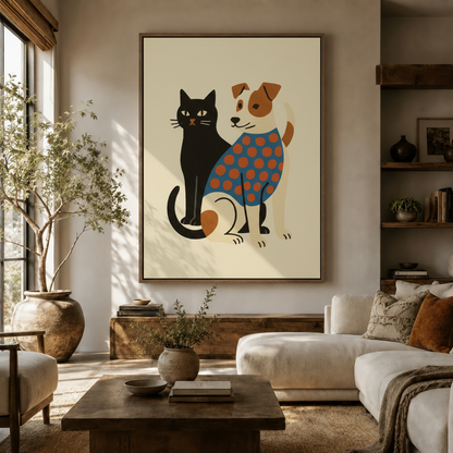 Whimsical cat and dog canvas print displayed in warm living room with white sofa and natural light