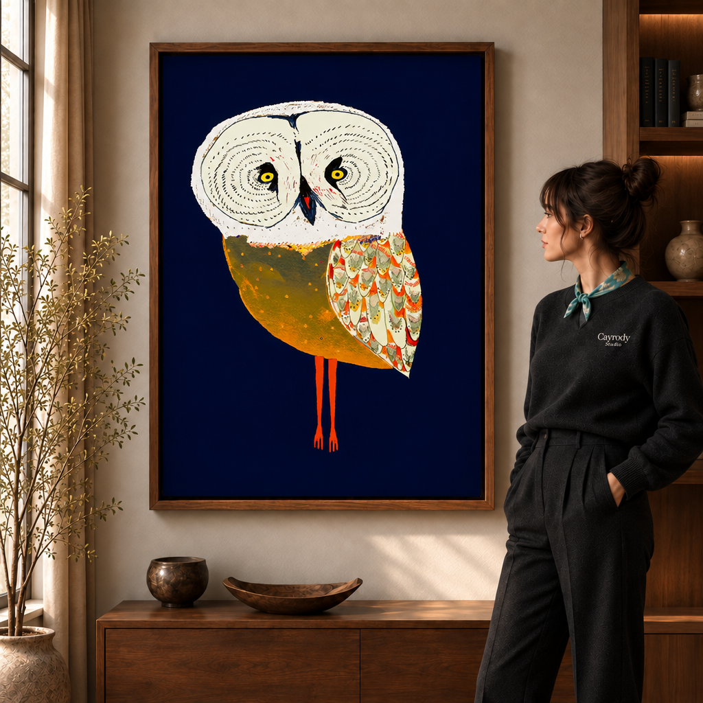 Whimsical owl canvas wall art in a wooden frame beside a woman near a window.