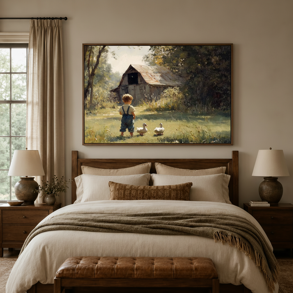 Boy with white ducks farmhouse impressionist canvas in walnut float frame above neutral bedroom headboard