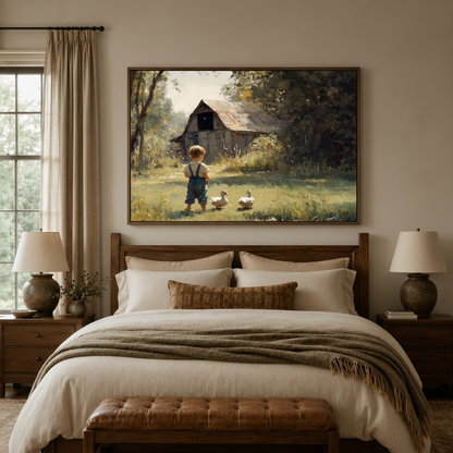 Boy with white ducks farmhouse impressionist canvas in walnut float frame above neutral bedroom headboard