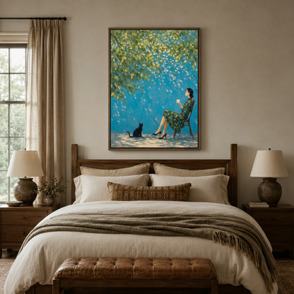 Woman black cat blue impressionist canvas wall art displayed above bed in warm neutral bedroom