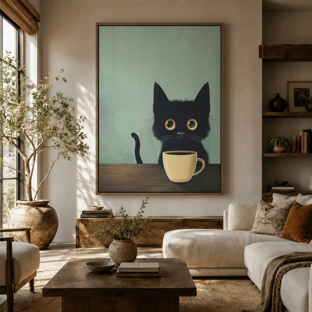 Minimalist black cat coffee canvas wall art displayed in a warm modern living room above wooden sideboard
