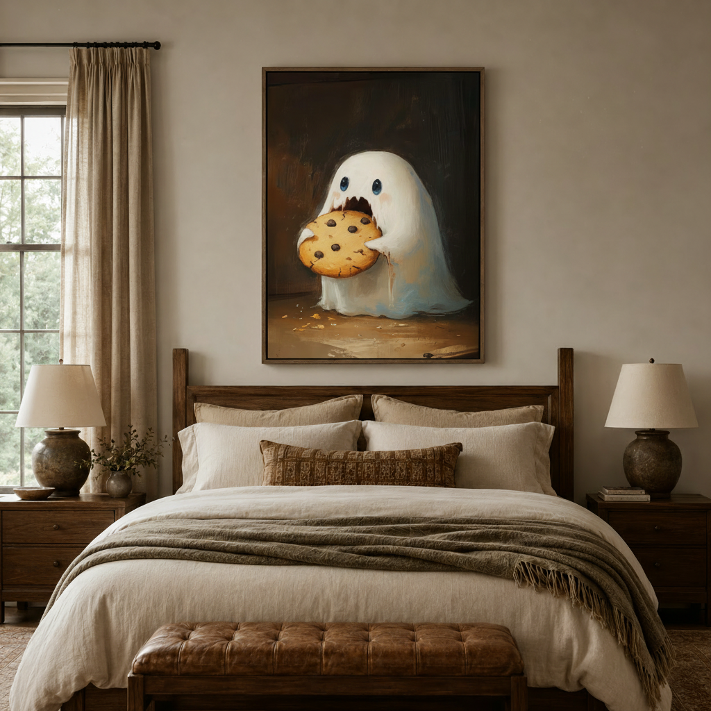 Moody ghost cookie canvas wall art displayed above bed in cozy bedroom setting