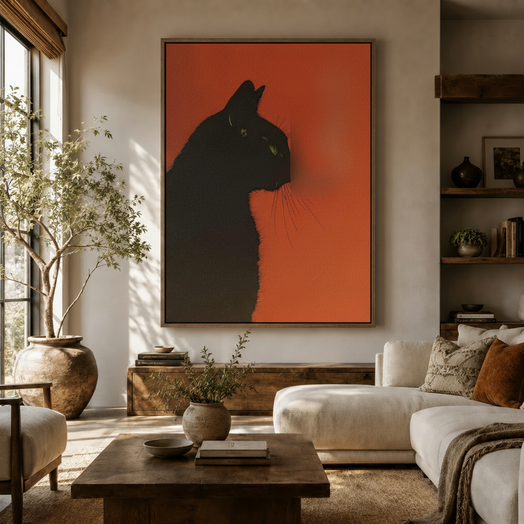 Minimalist black cat portrait canvas print hanging in boho living room with white sofa and olive tree