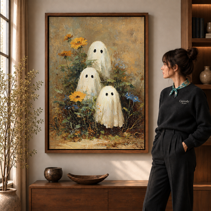 Whimsical ghost garden canvas wall art displayed beside a tall window, wood console, and standing figure.