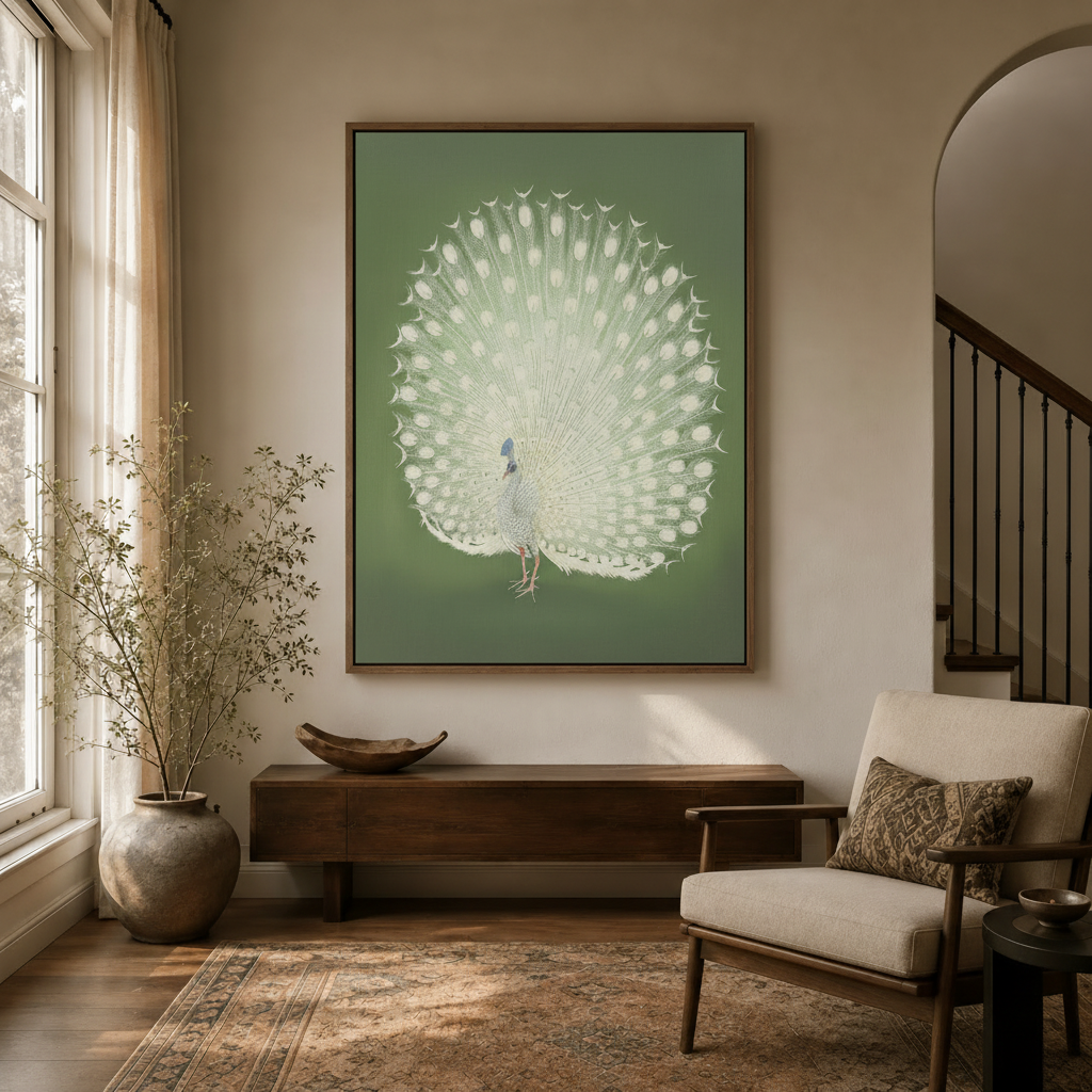 Japanese woodblock-style white peacock canvas art displayed above a walnut console in a warm neutral entryway