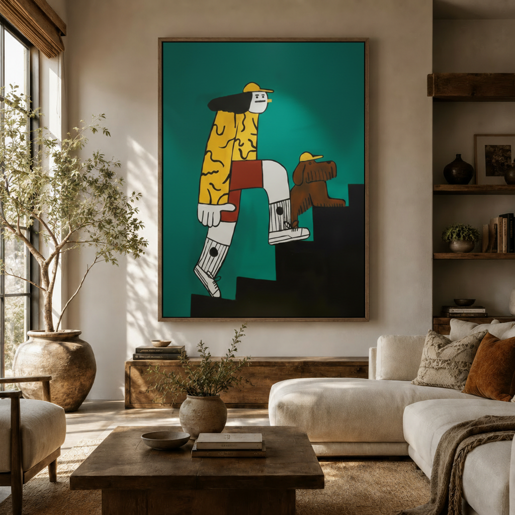 Street art canvas print featuring illustrated character in yellow jacket ascending stairs, hung above console table in bright boho living room