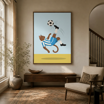 Funny soccer cat bicycle kick canvas print hanging in a neutral-toned hallway with wood bench