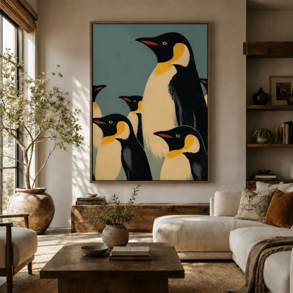 Emperor penguin vintage poster canvas print displayed in a modern living room above a wooden sideboard