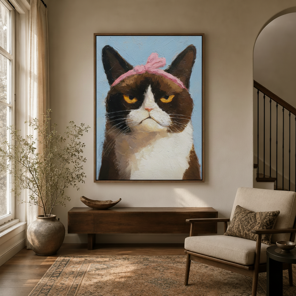 Grumpy cat wall art with pink bow displayed in a cozy entryway above a walnut console table