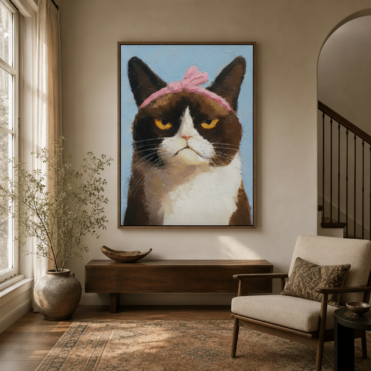 Grumpy cat wall art with pink bow displayed in a cozy entryway above a walnut console table