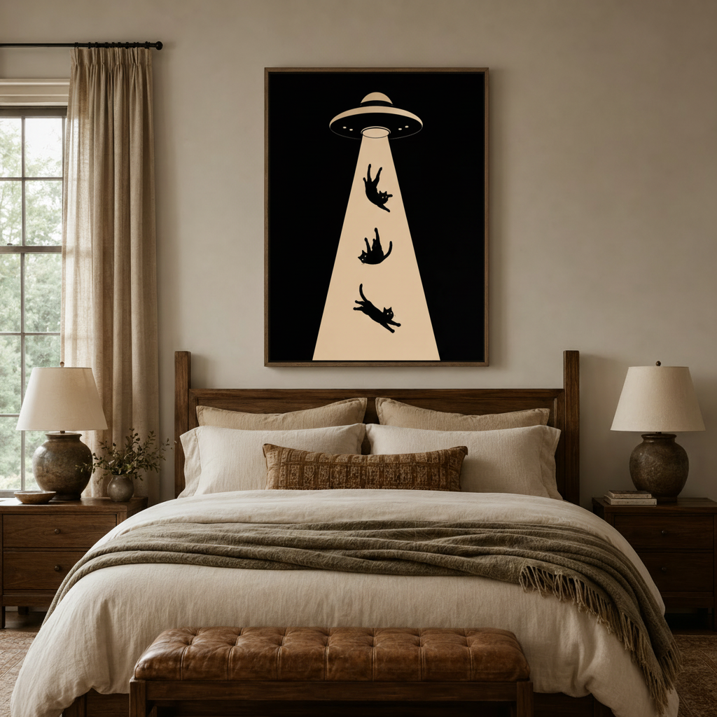 Minimalist UFO cat abduction pop art canvas in dark frame displayed above bed in cozy bedroom