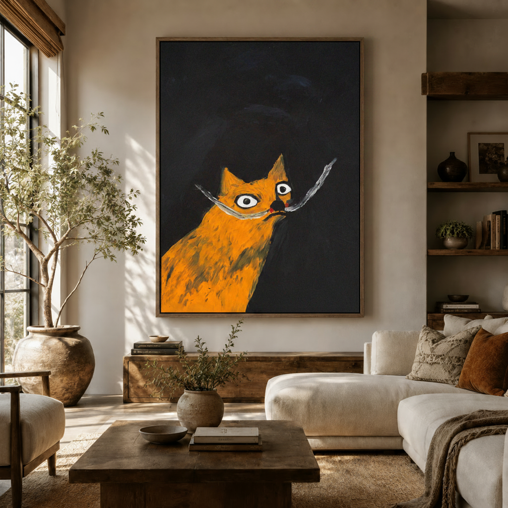 Quirky orange cat expressionist folk art canvas print displayed in a warm neutral living room