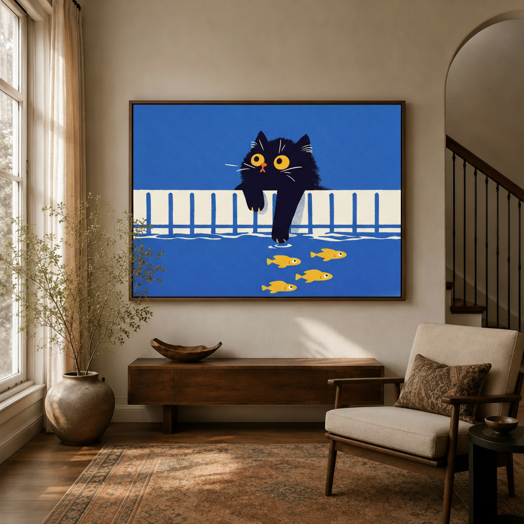 Funny black cat goldfish illustration canvas displayed above a wooden console in a warm neutral entryway