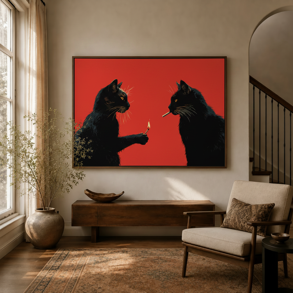 Two black cats lighting cigarette graphic canvas print in float frame above walnut console in warm entryway