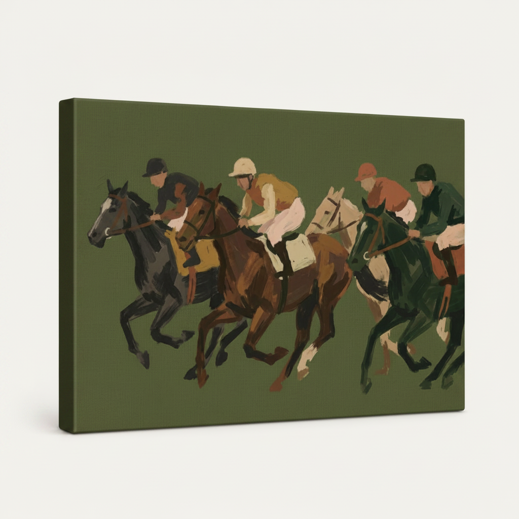 Gallery-wrapped equestrian canvas side view showing deep stretcher bars and olive green edge wrap
