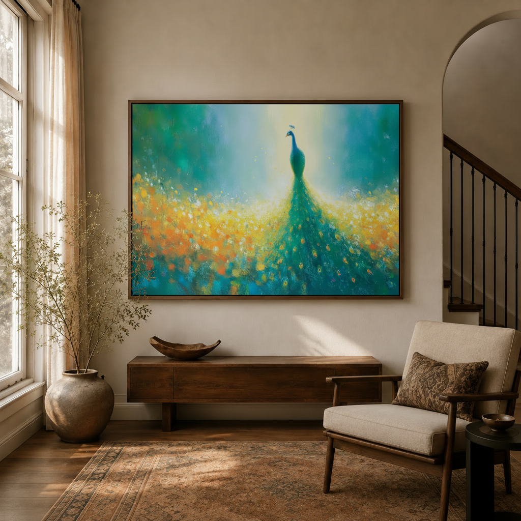 Impressionist peacock canvas wall art displayed in a warm living room entryway with staircase