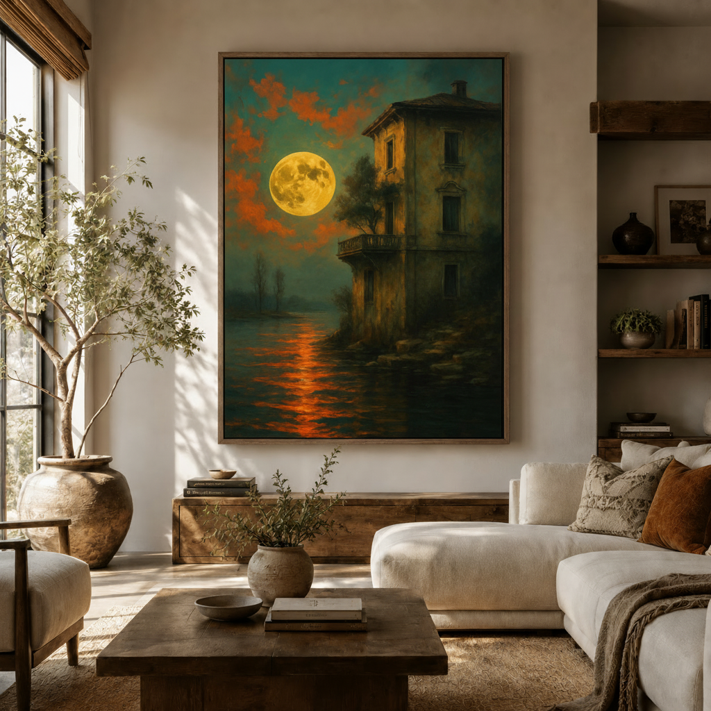 Moonlit Venice vintage oil painting canvas displayed above walnut console in warm neutral living room