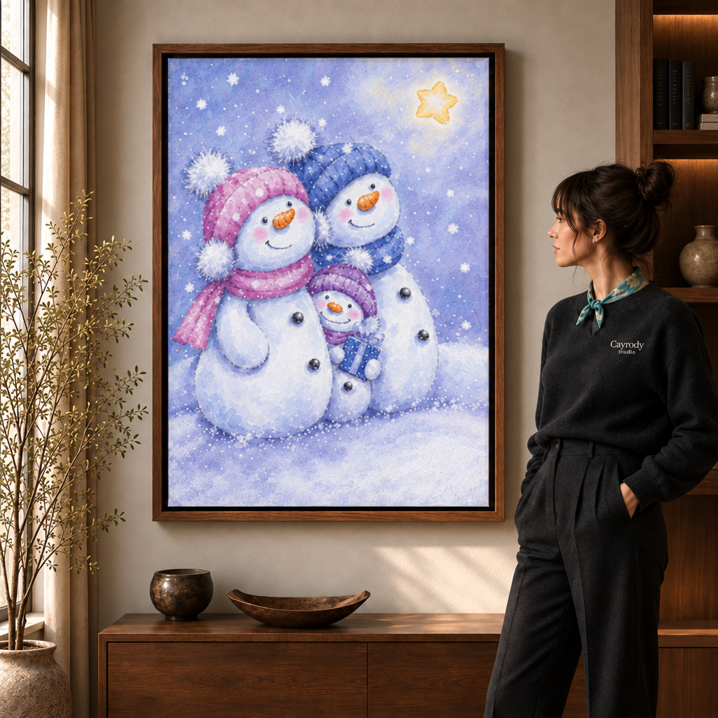 Snowman family canvas art in a walnut frame beside a woman wearing a scarf.