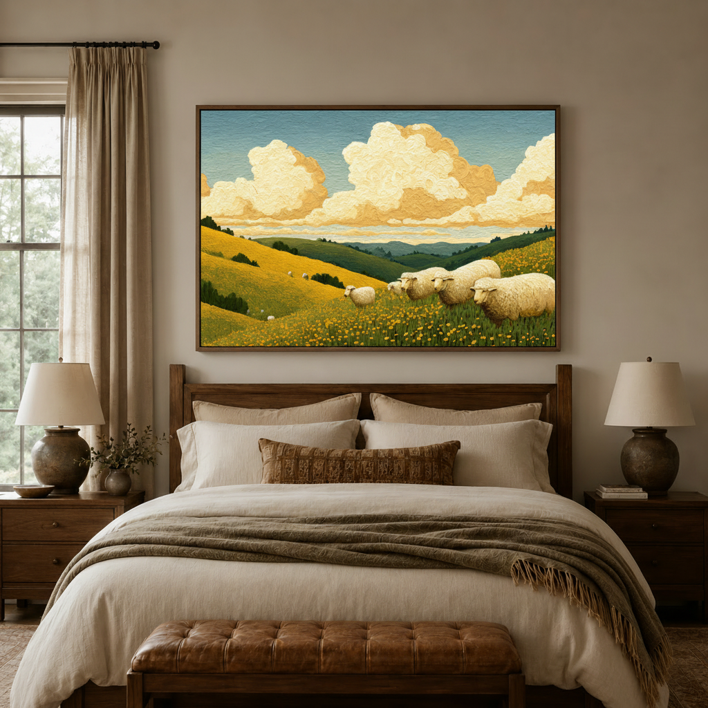 Impasto sheep golden meadow dramatic clouds landscape canvas wall art in walnut float frame above bedroom headboard