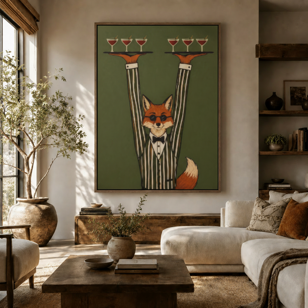 Fox waiter retro wall art in olive green hanging above console table in warm boho living room