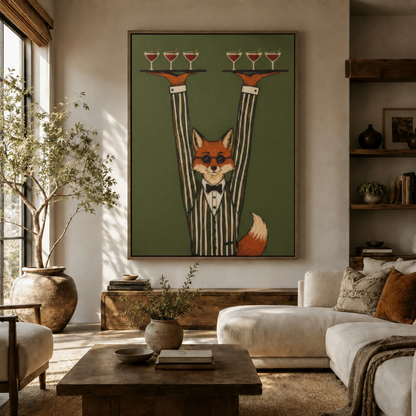 Fox waiter retro wall art in olive green hanging above console table in warm boho living room