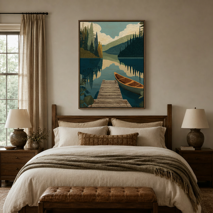 Mountain lake canoe woodblock canvas wall art displayed above bed in warm neutral bedroom