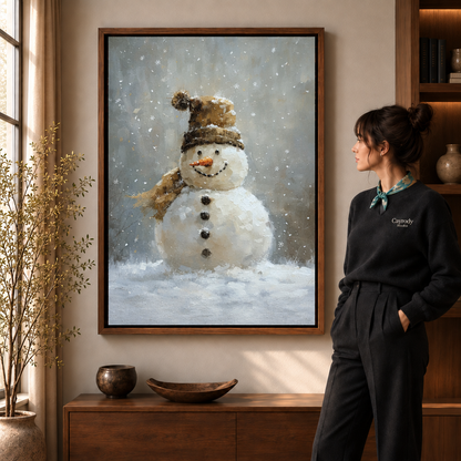 Cozy snowman canvas art in a walnut frame beside a woman wearing a scarf.