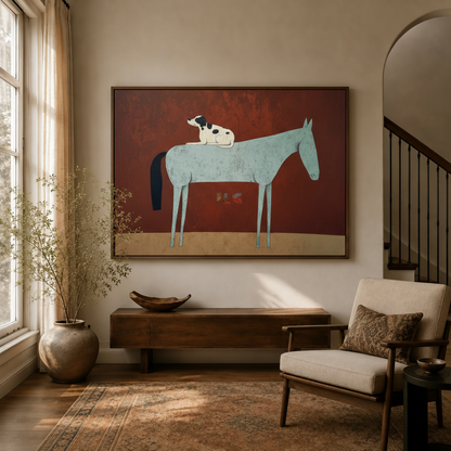Minimalist blue horse and spotted dog canvas in dark walnut frame displayed in warm entryway with dried branch vase