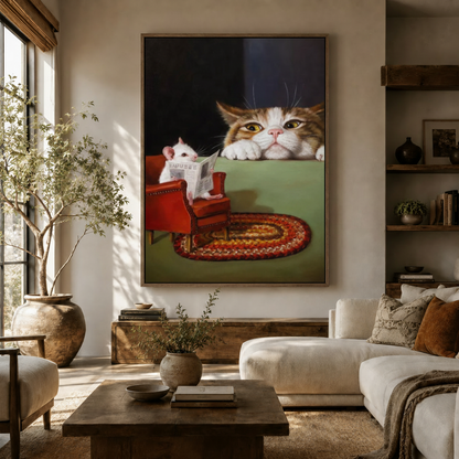 Funny cat and mouse oil painting canvas in float frame hung above living room sofa