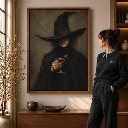Gothic witch cocktail canvas wall art displayed in a warm modern living room