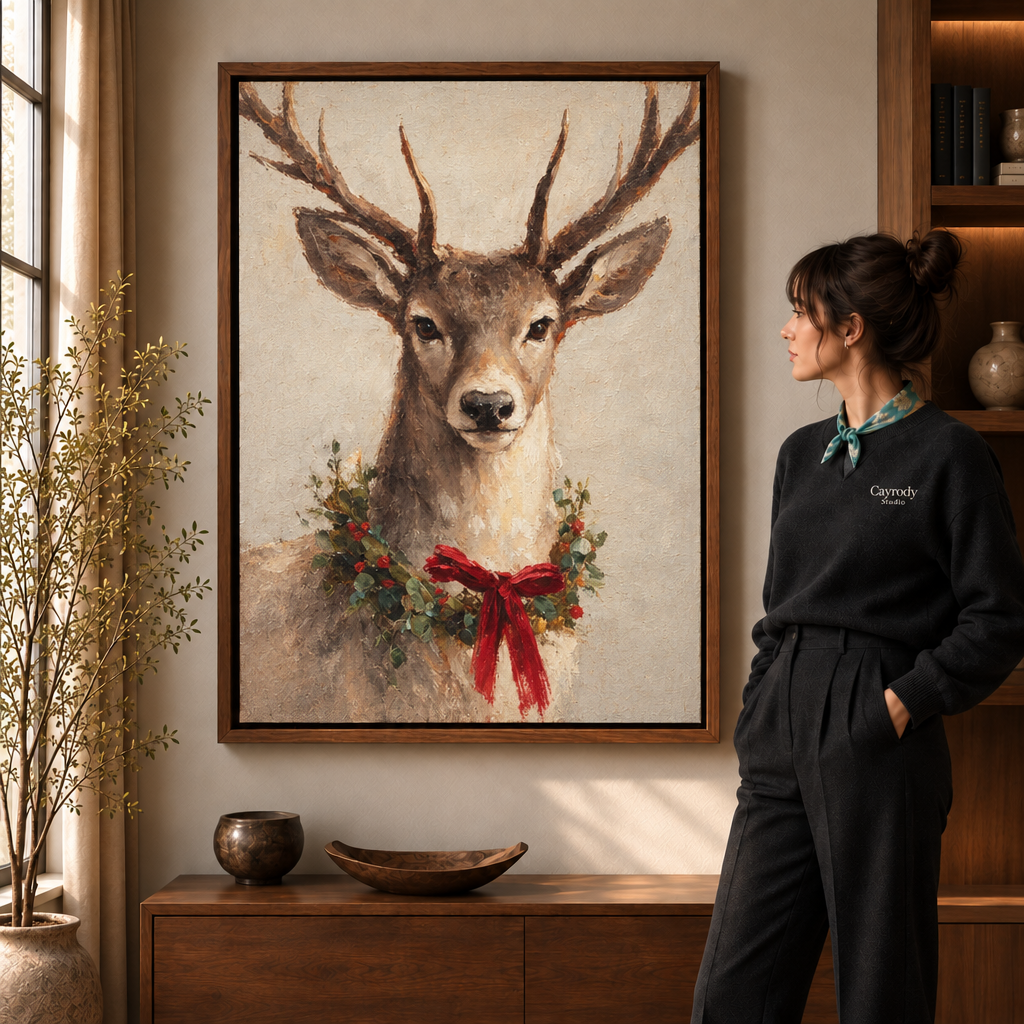 Festive deer canvas portrait in a walnut frame beside a woman wearing a scarf.