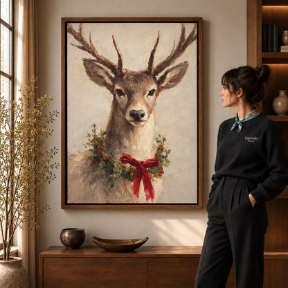 Festive deer canvas portrait in a walnut frame beside a woman wearing a scarf.