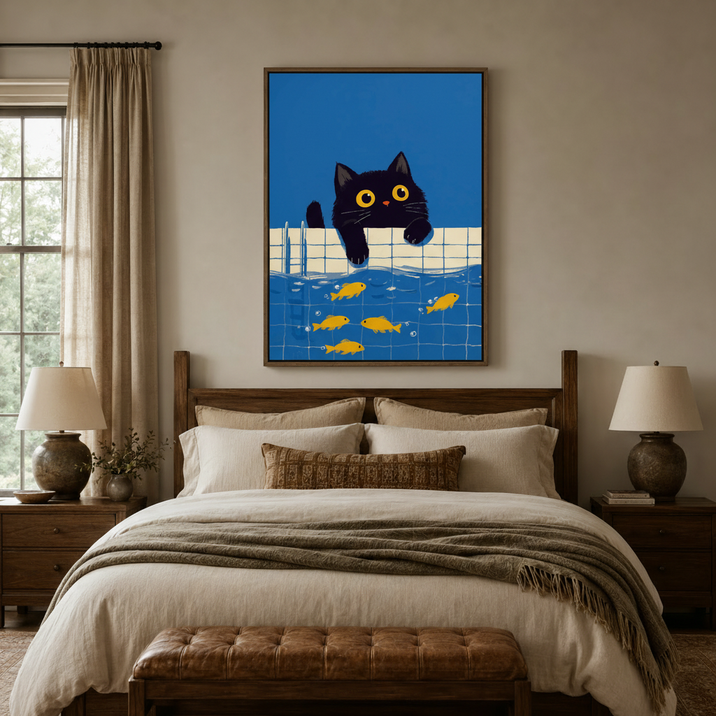 Bold black cat goldfish canvas wall art displayed above cozy bedroom headboard