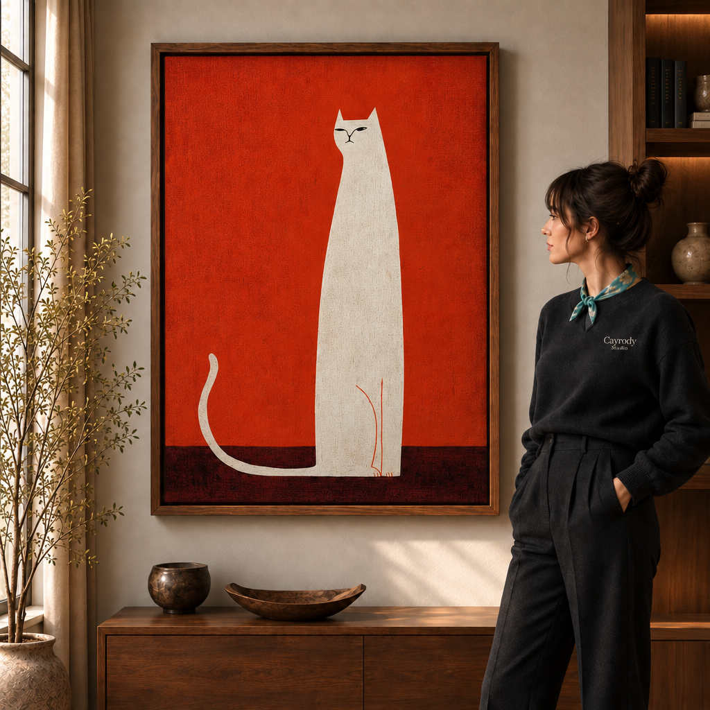 Minimalist cat canvas wall art hangs above a walnut console beside a sunlit window and tall leafy branches.