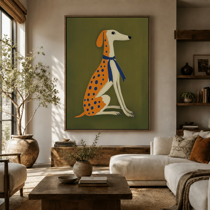 Polka dot greyhound folk art print in walnut floating frame above living room sofa