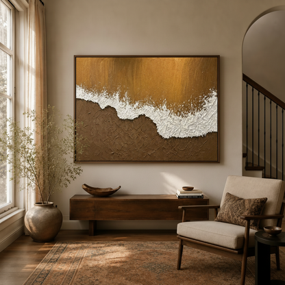 Abstract aerial ocean wave beach canvas in float frame above sideboard in warm neutral entryway