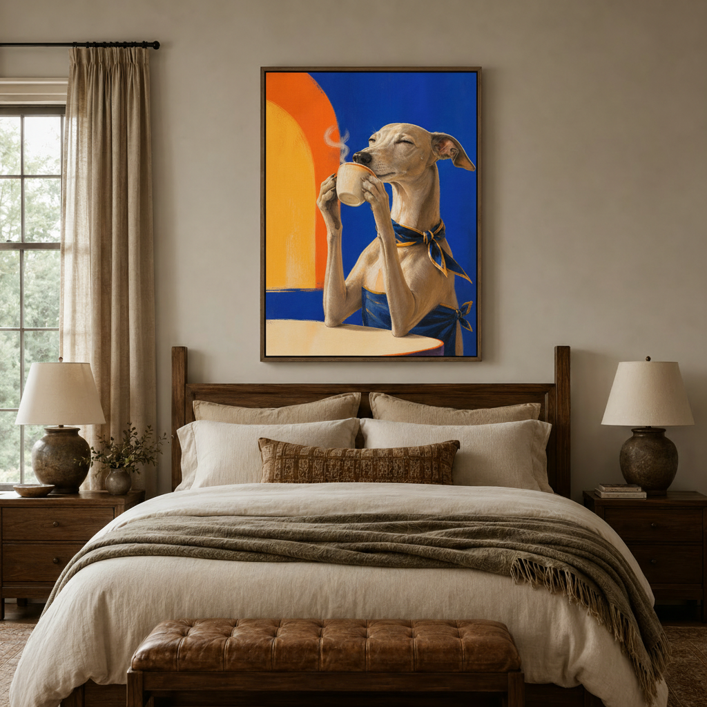 Greyhound coffee morning impasto canvas wall art displayed above bed in warm neutral bedroom