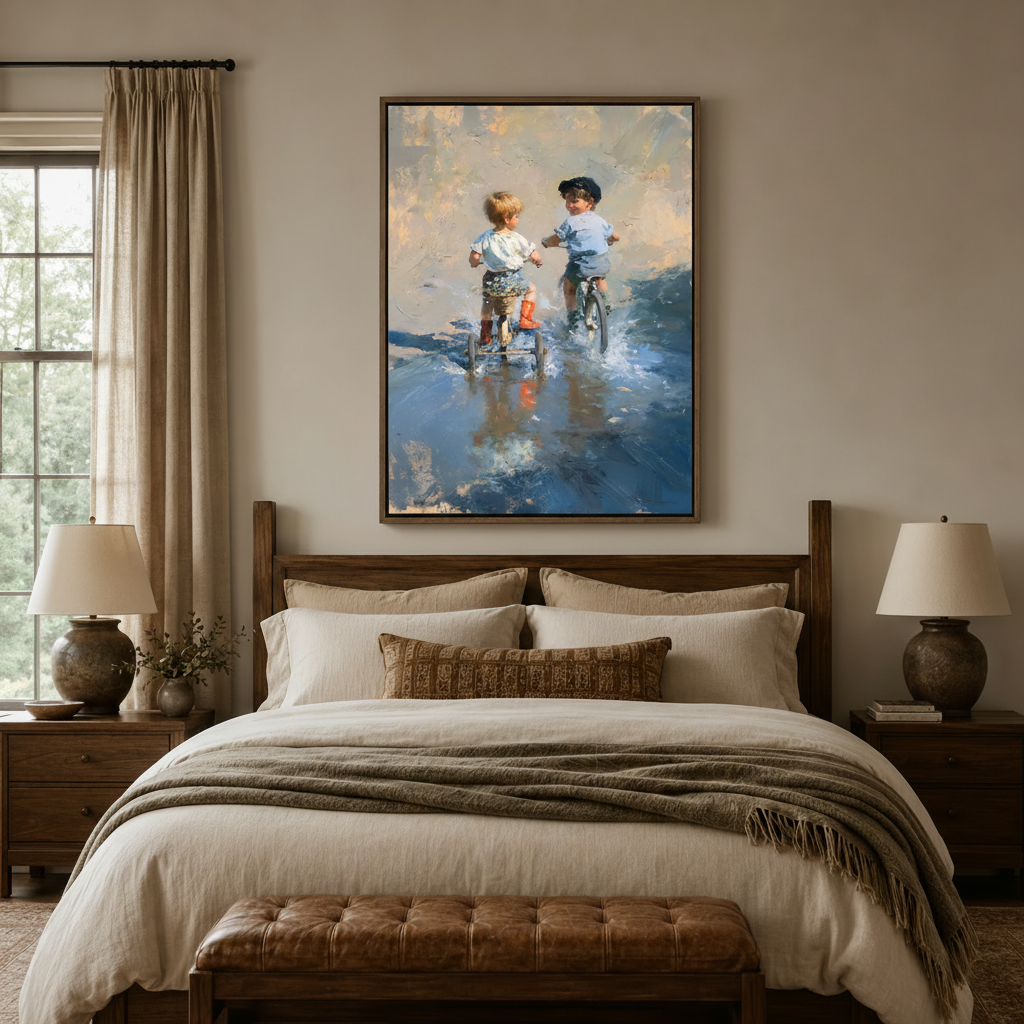 Impressionist children riding bikes through puddle canvas hung above walnut bed in warm neutral bedroom