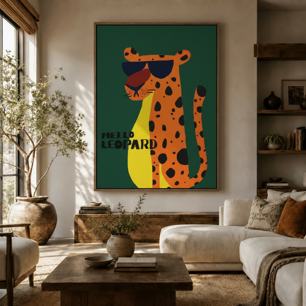 Hello Leopard graphic canvas wall art displayed in warm living room above dark walnut console table