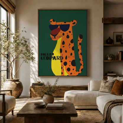 Hello Leopard graphic canvas wall art displayed in warm living room above dark walnut console table