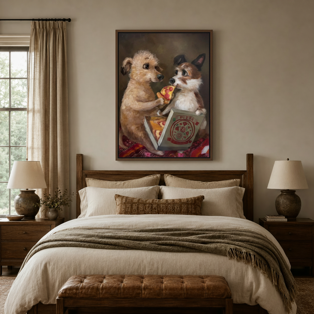  Funny poodle and cat pizza canvas wall art displayed above bed in cozy neutral bedroom with walnut headboard